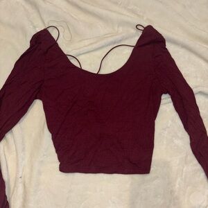 Garage Burgundy Cross String Open-Back Long Sleeve Crop Top